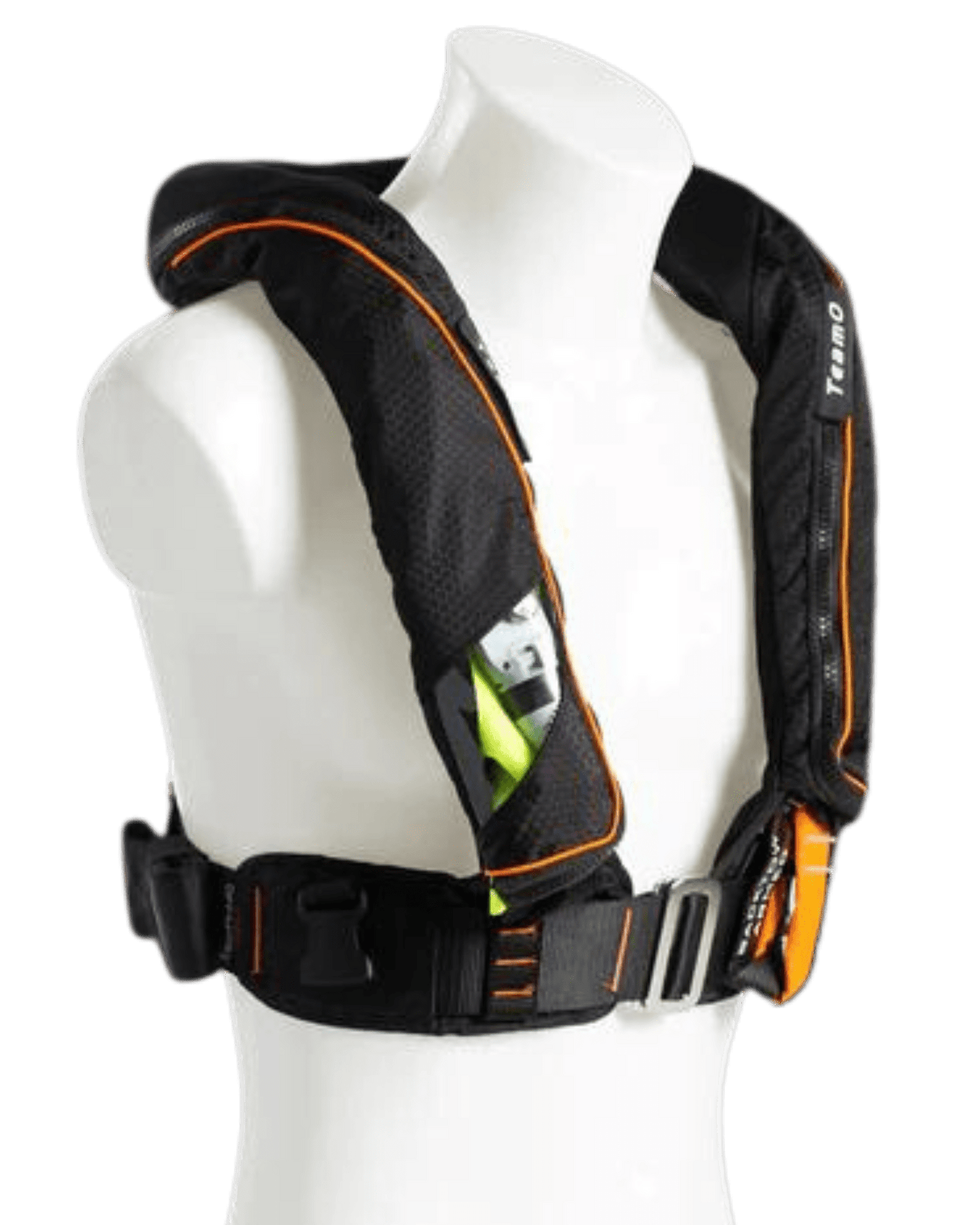 TeamO Marine | Offshore 170N Backtow™ Inflatable PFD | Black with Orange Trim | ProSensor Elite Firing Head