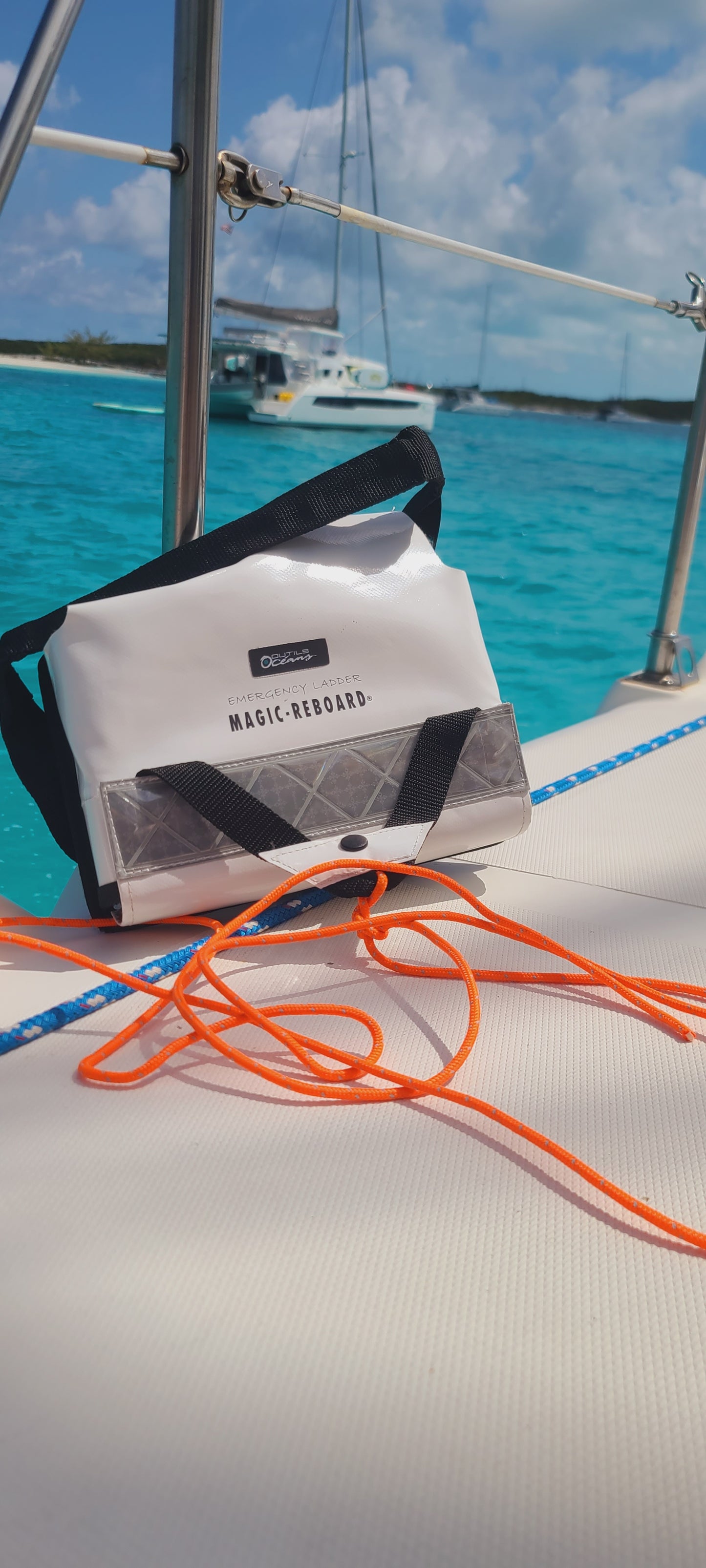 This is a product image of the emergency ladder on the deck on a boat.