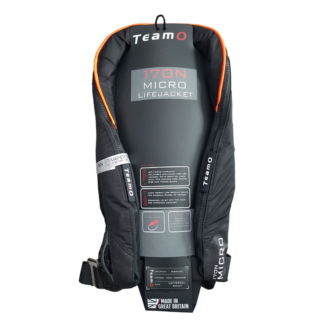 TeamO Marine | BackTow NOT Included |170N Micro Inflatable PFD | Automatic |Black and Orange | - back view