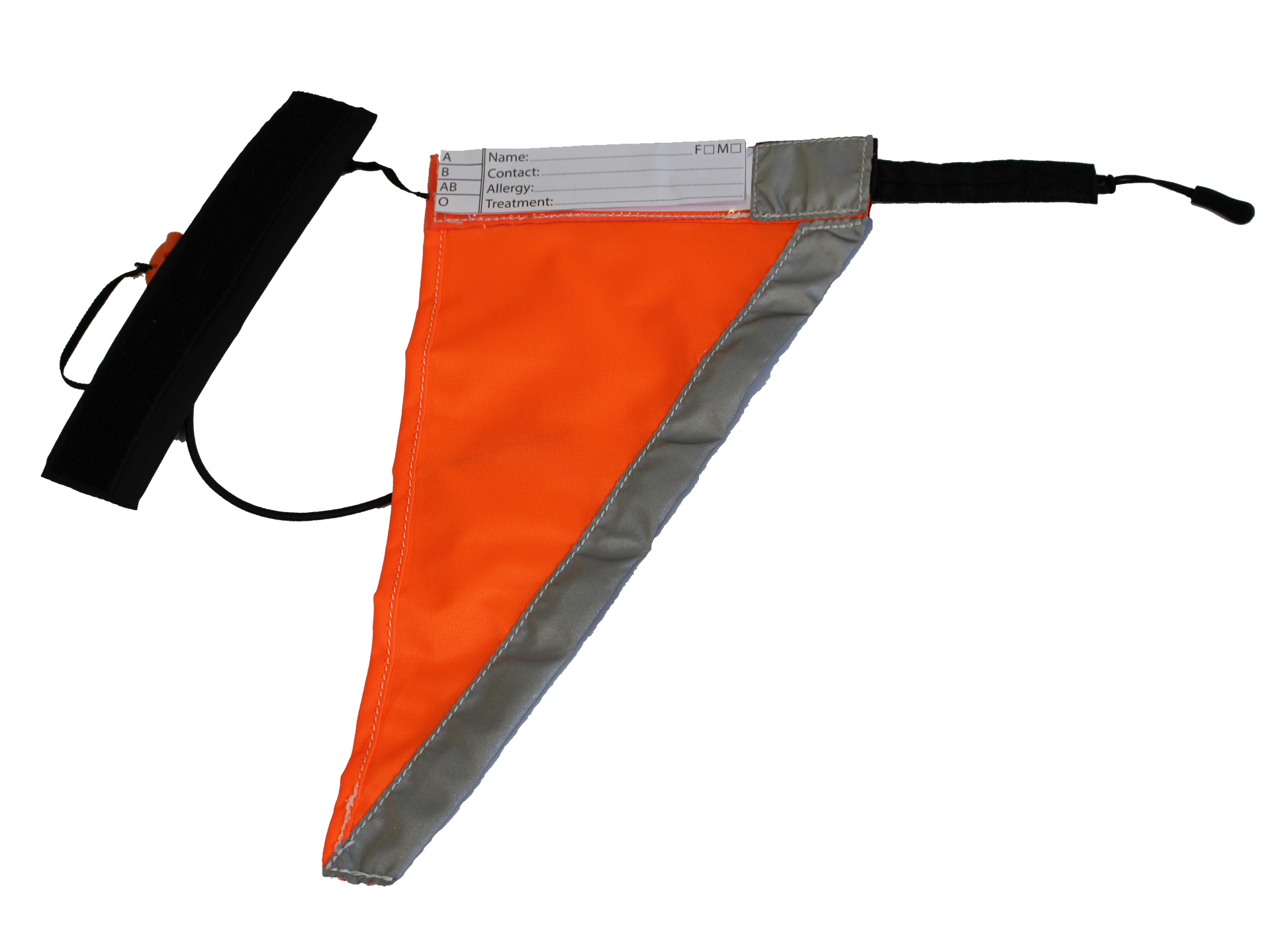 This is an orange flag with a reflective strip and includes an identification tab for name and phone number. This also has an elestic so that you can wear this around your arm. 