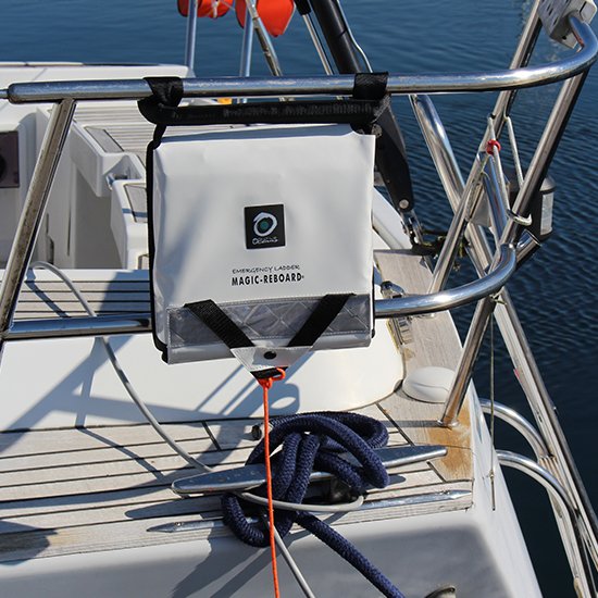 This is a picture of the Emergency 11 rung ladder hanging on a boat deck rail. Shows the easy instalation