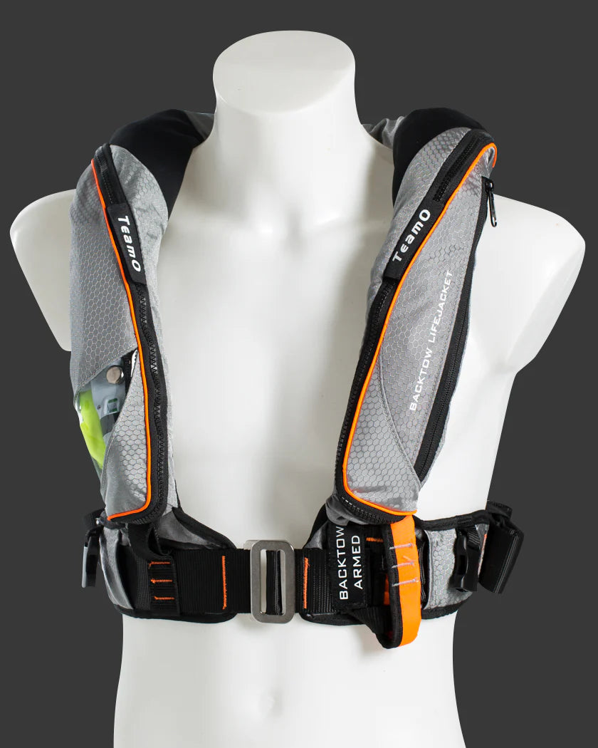 TeamO Marine | 170N Backtow™ Offshore Inflatable PFD | Grey and Orange | PRO Sensor