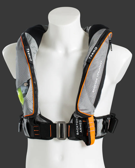 TeamO Marine | 170N Backtow™ Offshore Inflatable PFD | Grey and Orange | PRO Sensor