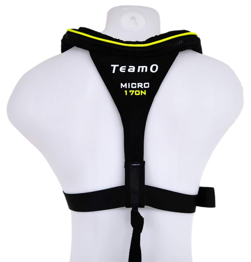 TeamO Micro Inflatable PFD in Black back shot with yellow piping