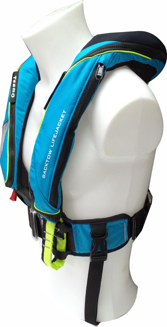 170N BackTow inflatable PFD in blue side angle
