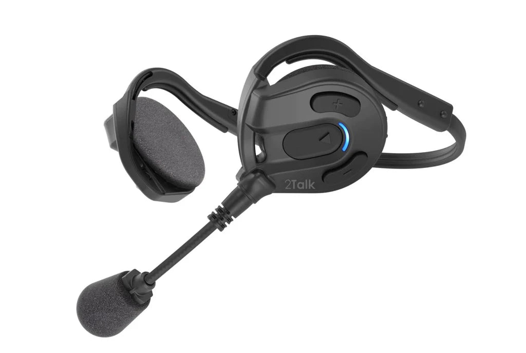 Close up image of the single 2Talk Sena bluetooth Headset with an over the ear headband. Volume up and down controls as well as external microphone with noise reduction.