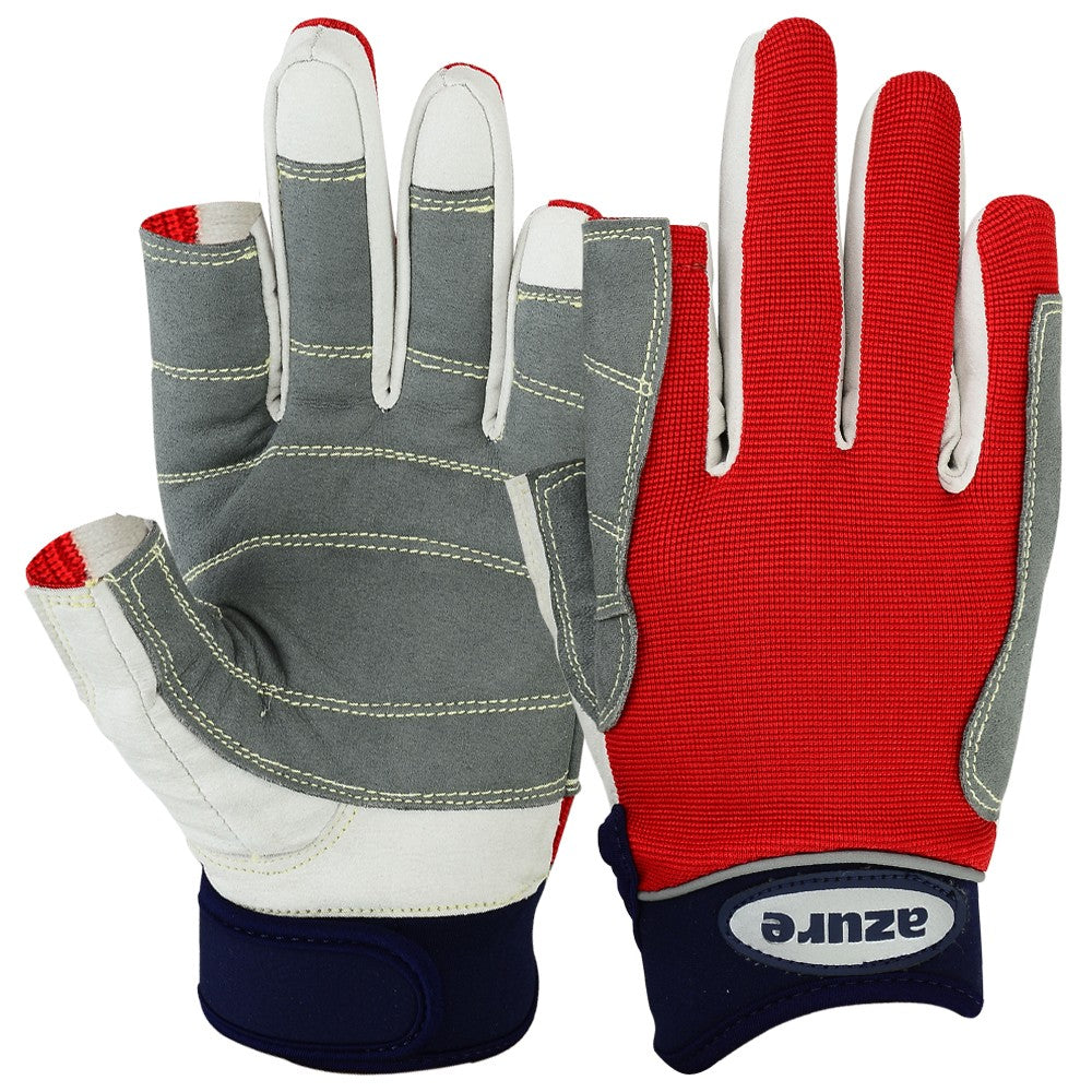 Sailing Gloves Strong Stitching Red / Grey 2 Cut 3 Full Finger - Azure